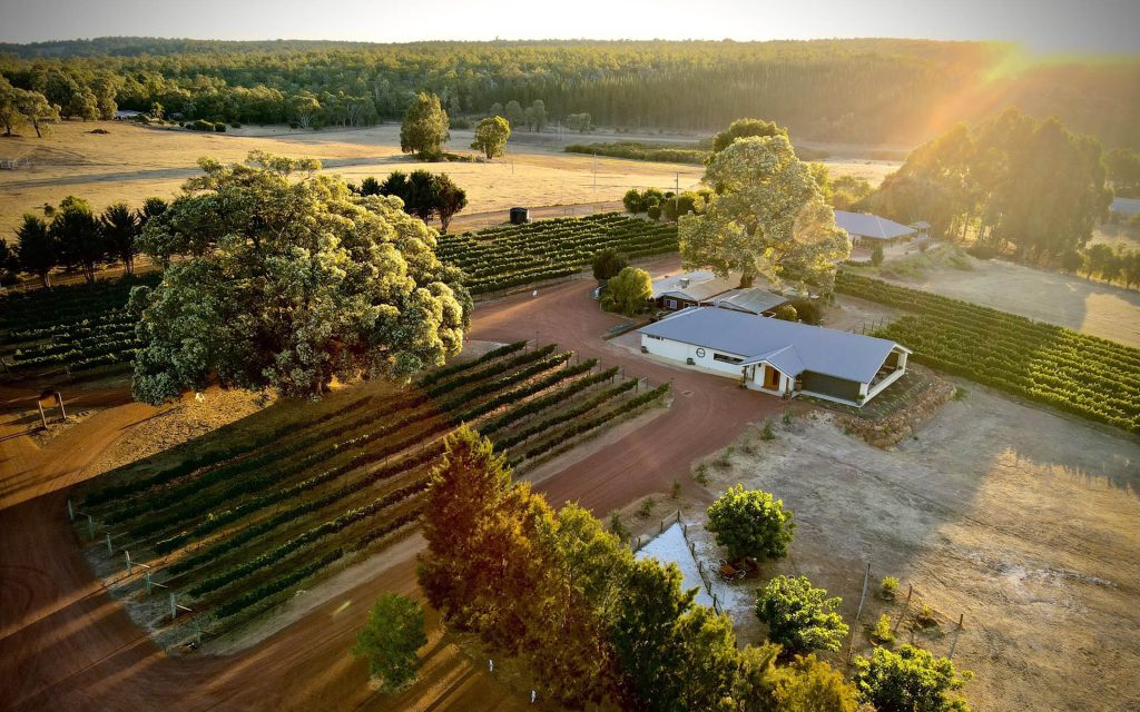 Aerial photo of Redgum Wine Estate in Dwellingup at sunset