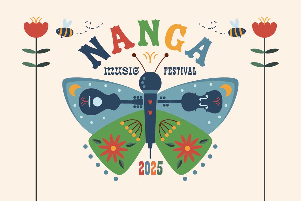 Poster art for Nanga Music Festival with a colourful butterfly