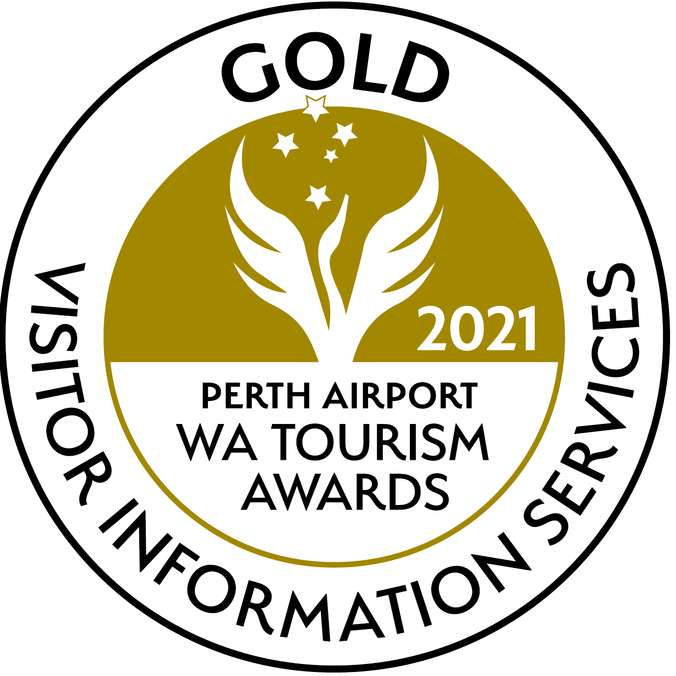 Gold 2021 Perth Airport WA Tourism Award Logo for Visitor Informaiton Services