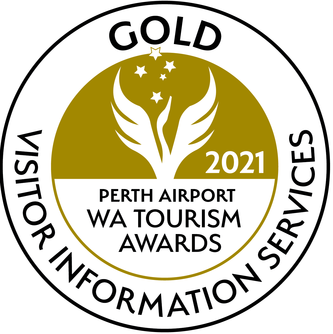 Gold 2021 Perth Airport WA Tourism Award Logo for Visitor Informaiton Services